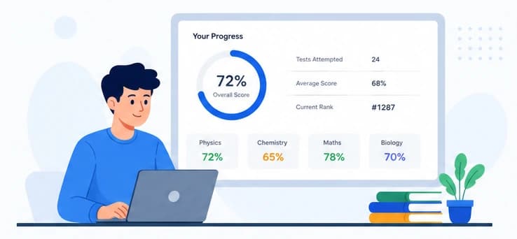 Student practising a mock test on a laptop with a progress dashboard